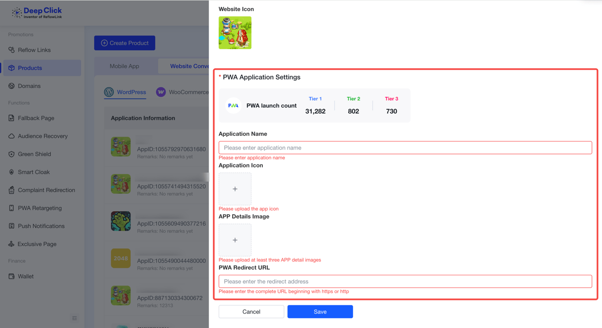 Website product PWA App Settings: App Name, App Icon, App Detail Images, PWA Redirect URL