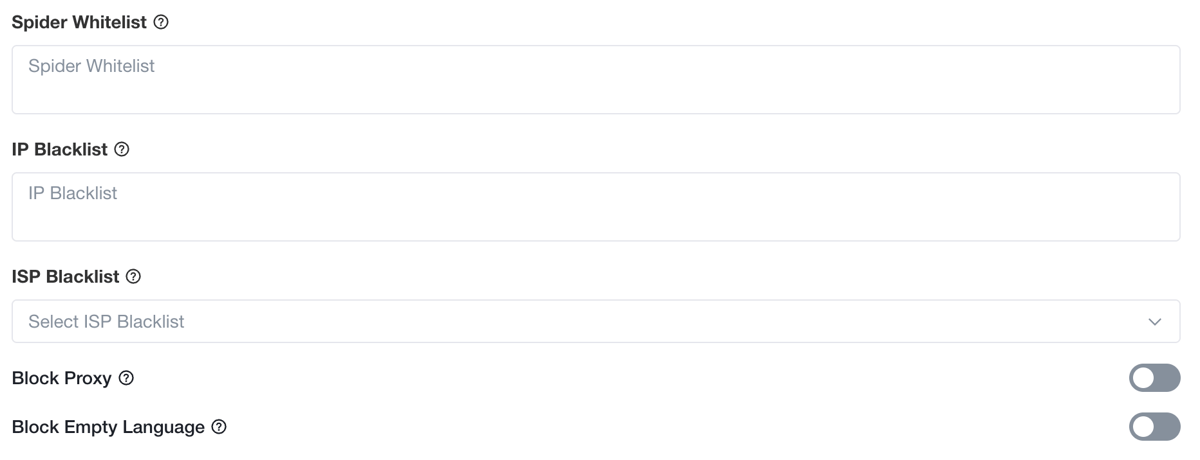 IP Blacklist, ISP Blacklist, Block Proxy, Block Empty Language toggles 