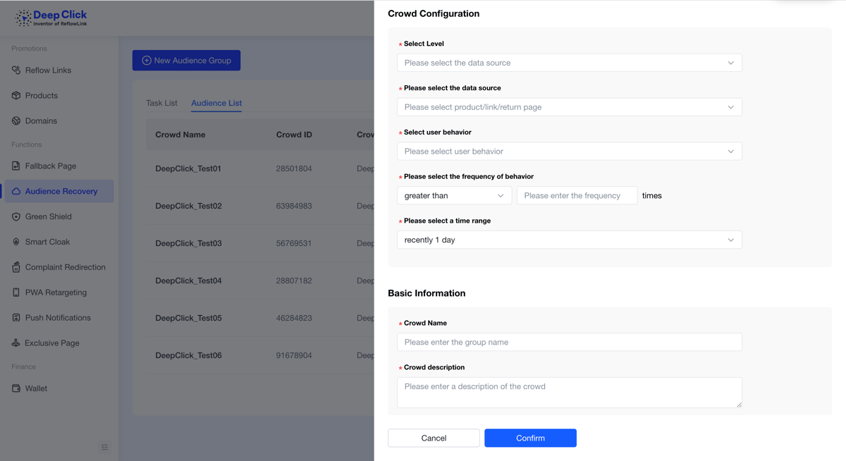 The New Audience panel: level, data source, user behavior, behavior frequency and time range rules