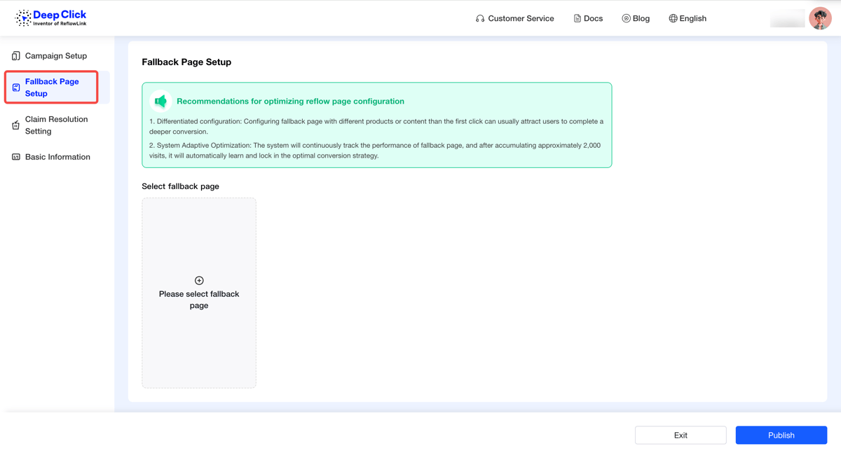 ReflowLink editor with Fallback Page Configuration tab selected 
