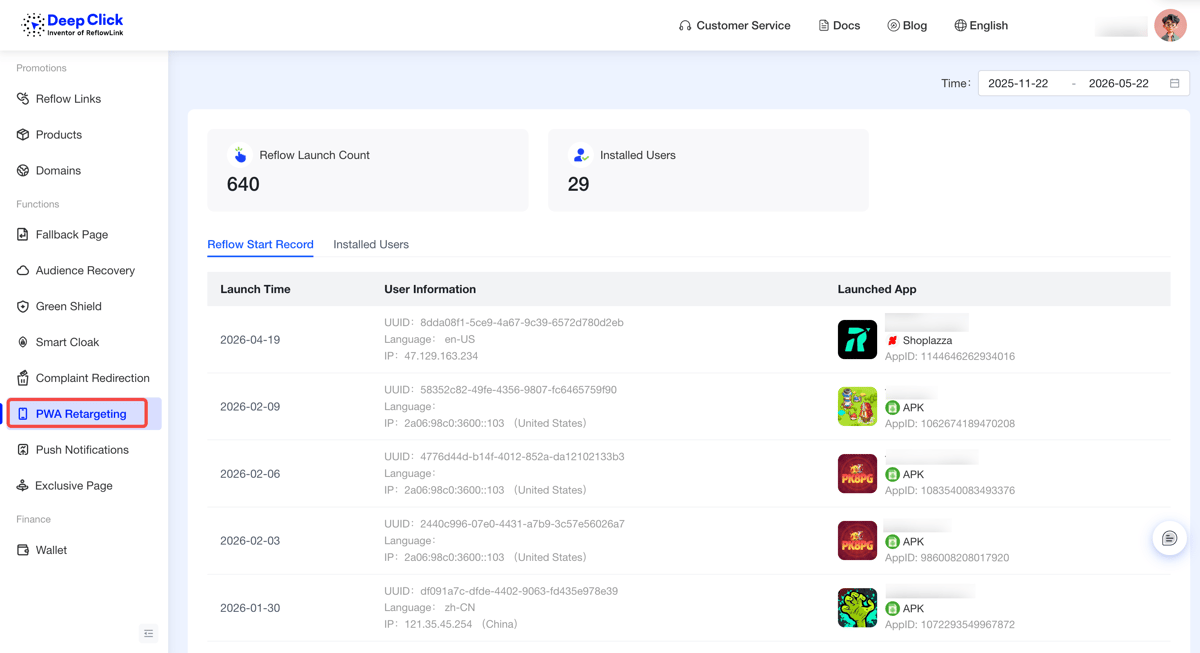 WA Retargeting dashboard: Reflow Launches and Installed Users cards plus the launch-records list with UUID, language, IP, launched app