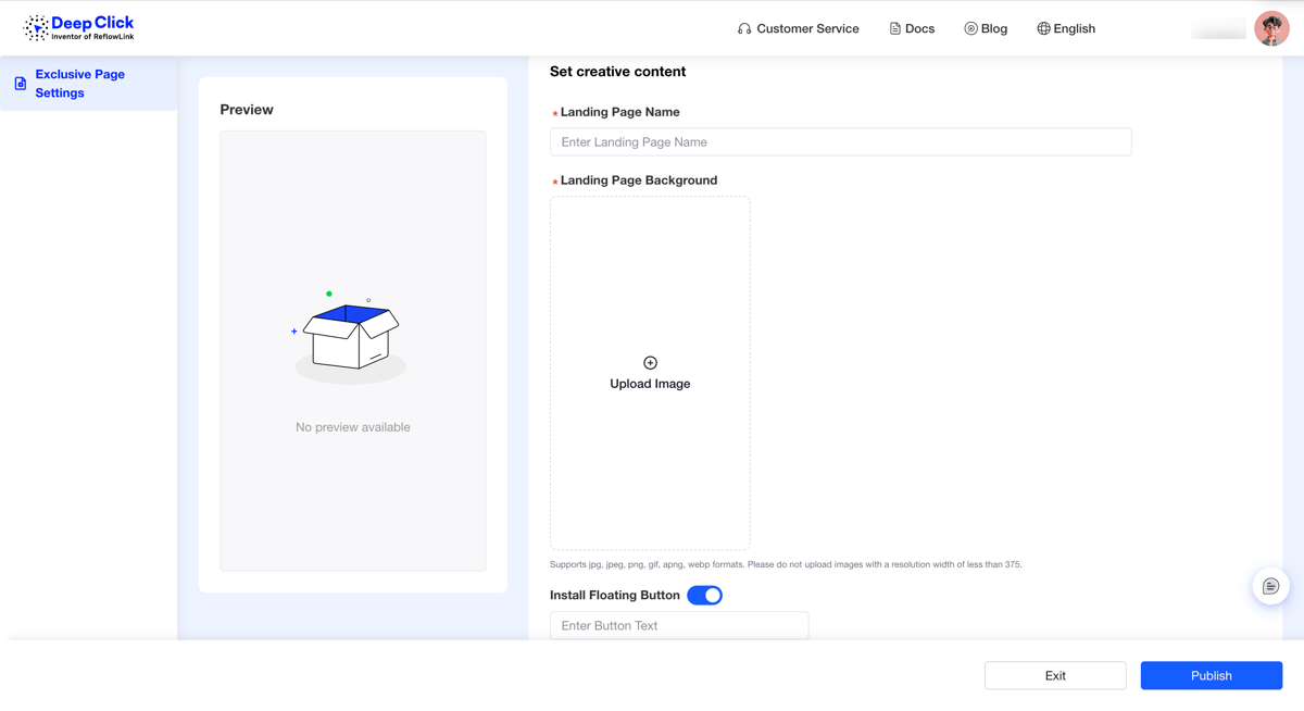 New Exclusive Page editor: creative content panel with name, background, install floating button
