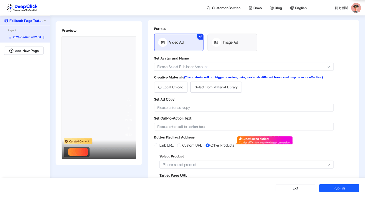 Fallback Page editor with three columns: page list, live preview, and configuration form