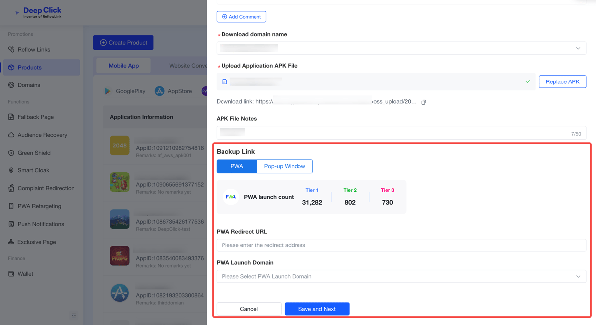 APK product Backup Link area: PWA / Popup tabs + PWA Launch Volume tiers + PWA Redirect URL + PWA Launch Domain fields