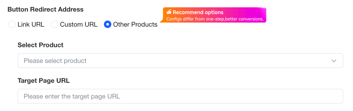 Three navigation target types: Link URL, Custom Address, Other Product