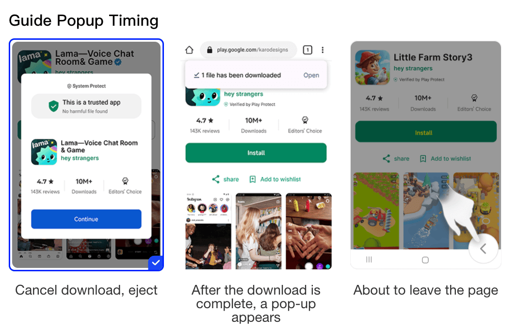 Backup Link Guide Popup Timing cards: Cancel download eject (selected) / After the download is complete / About to leave the page
