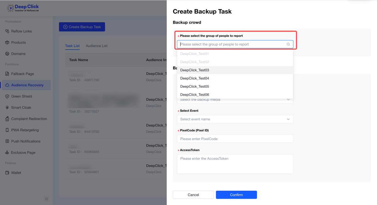 The Backup Audience section: selecting the audience to report from the dropdown