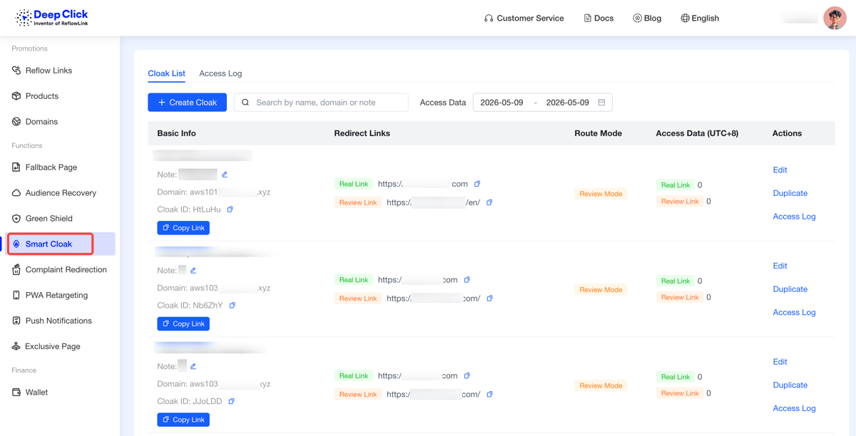 DeepClick Platform left sidebar showing Smart Cloak entry under Reflow Features