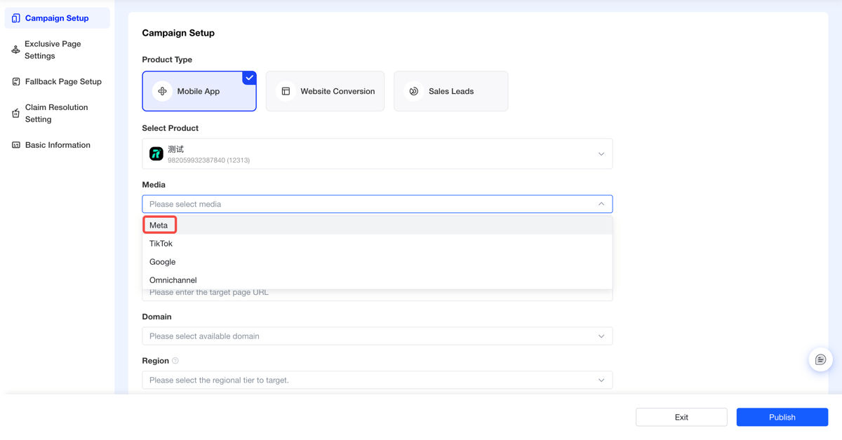 New link panel: channel set to Meta