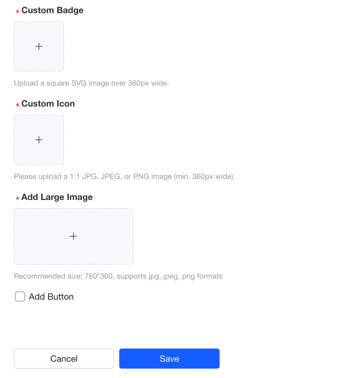 Upload badge, icon and large image