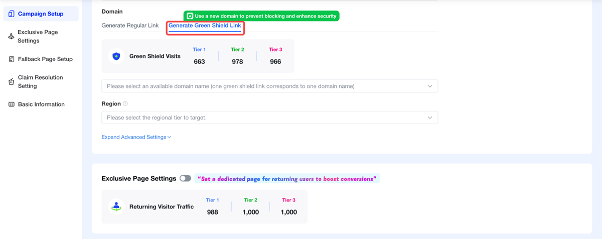 New link panel: domain dropdown showing standard and Green Shield domains