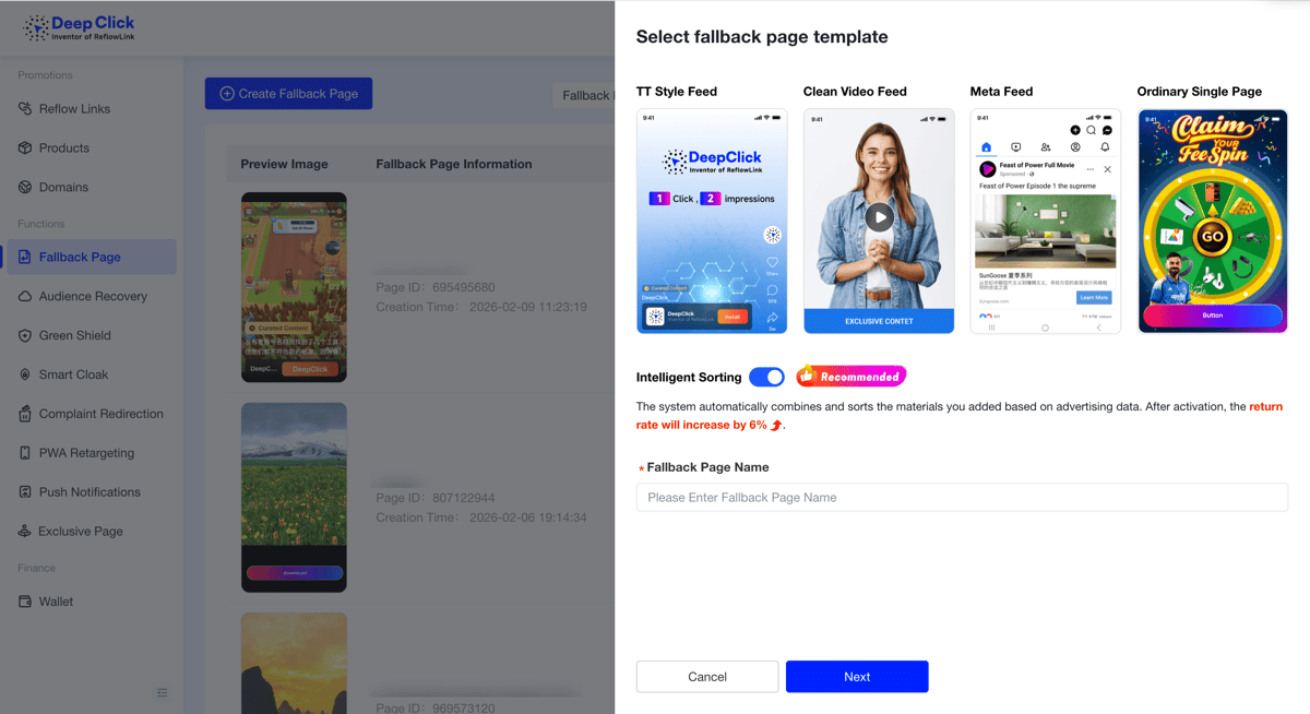 New Fallback Page panel with template selection, Smart Ranking toggle, and name input