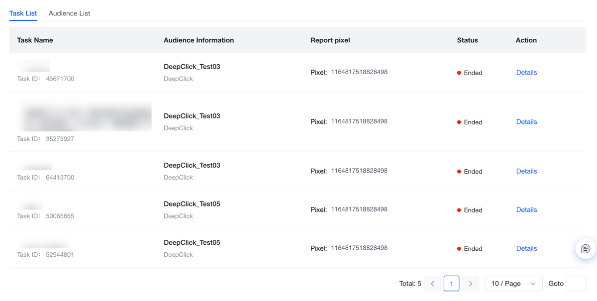 The backup task Details page: read-only view of the audience, media, event and pixel config