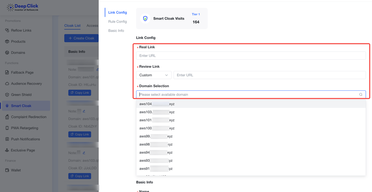 New cloak panel link configuration: Real Link, Review Link with 11-category preset dropdown, Domain Selection