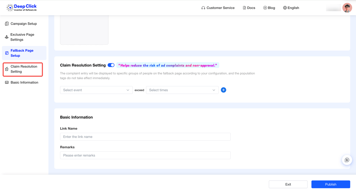 Promotional Link edit page sidebar with Complaint Redirection Settings selected