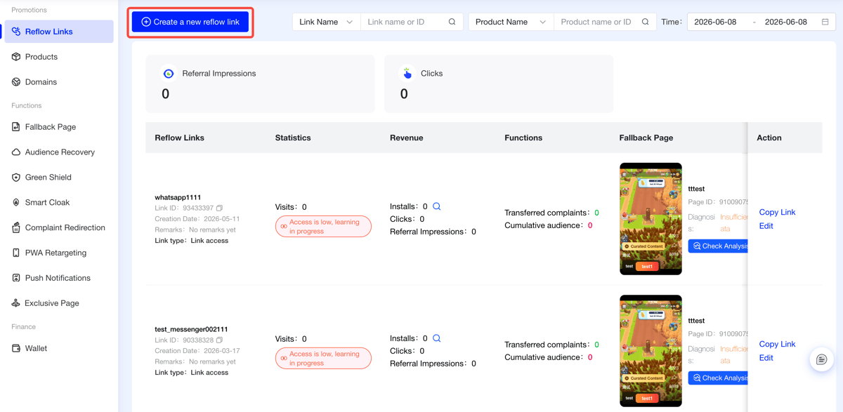 Return links list page: New Return Link button