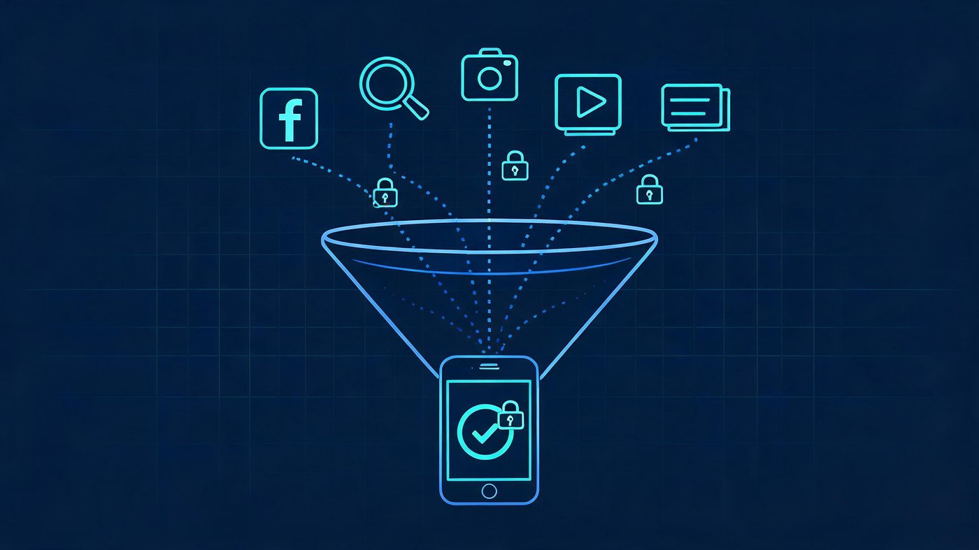 Mobile traffic attribution funnel connecting ad channels to a mobile install