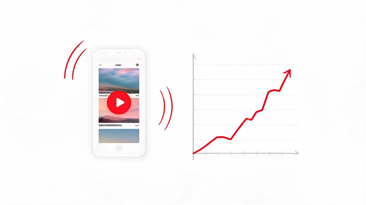 YouTube Shorts 竖屏短视频信息流与向上增长的播放量折线图