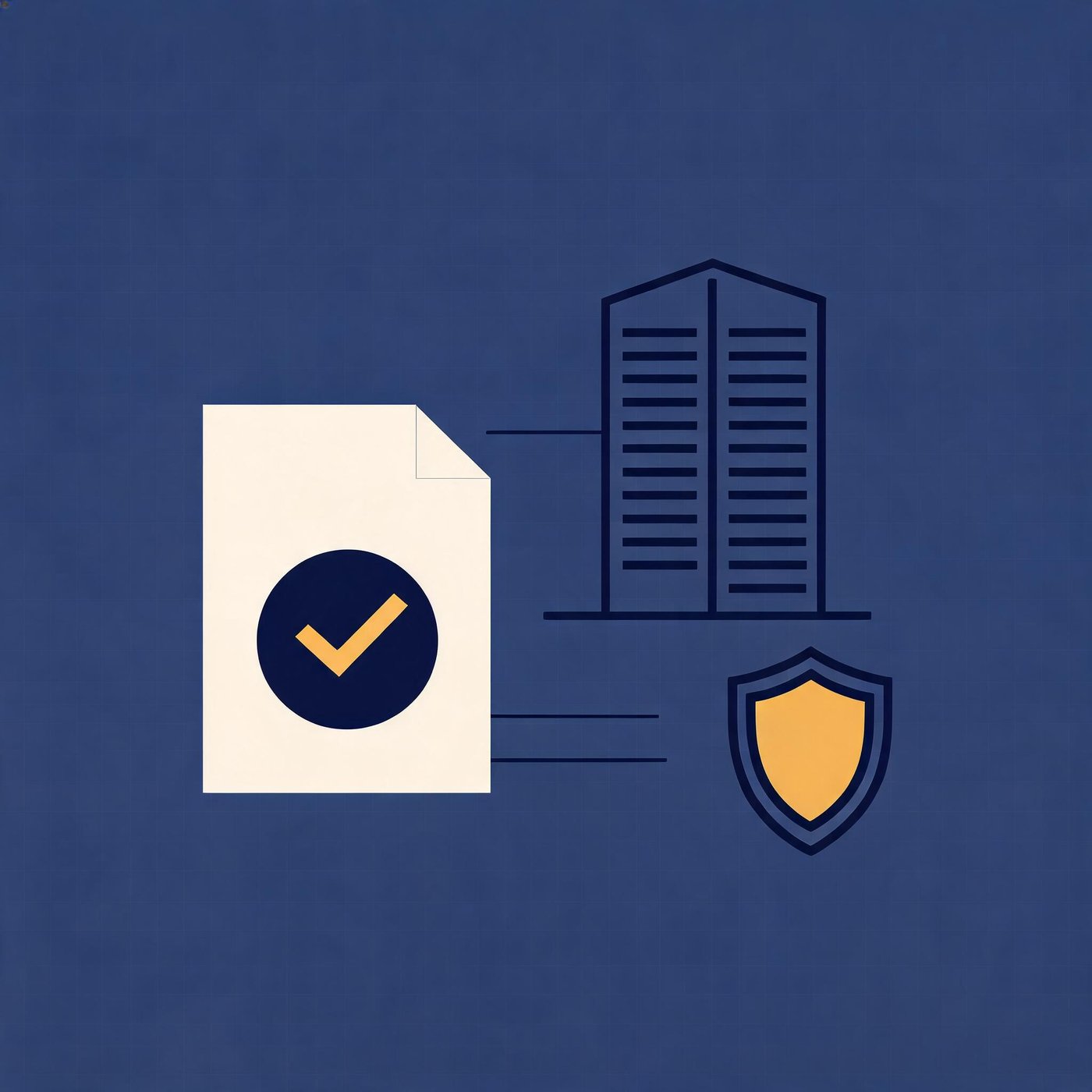 Business verification document with a verified badge beside a corporate building icon