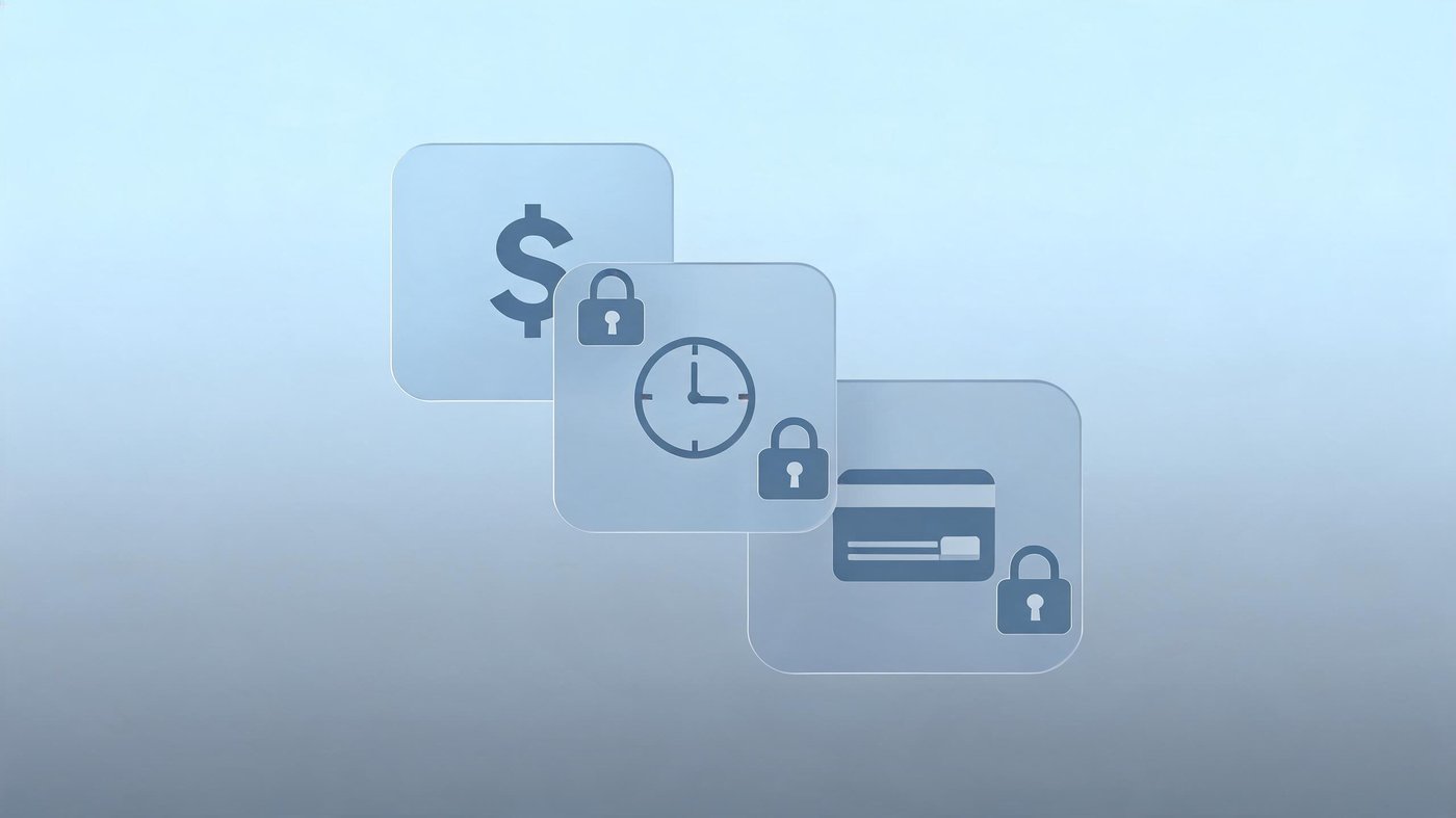 Abstract illustration of a Google Ads account setup control panel with currency, time zone and billing settings locked in place