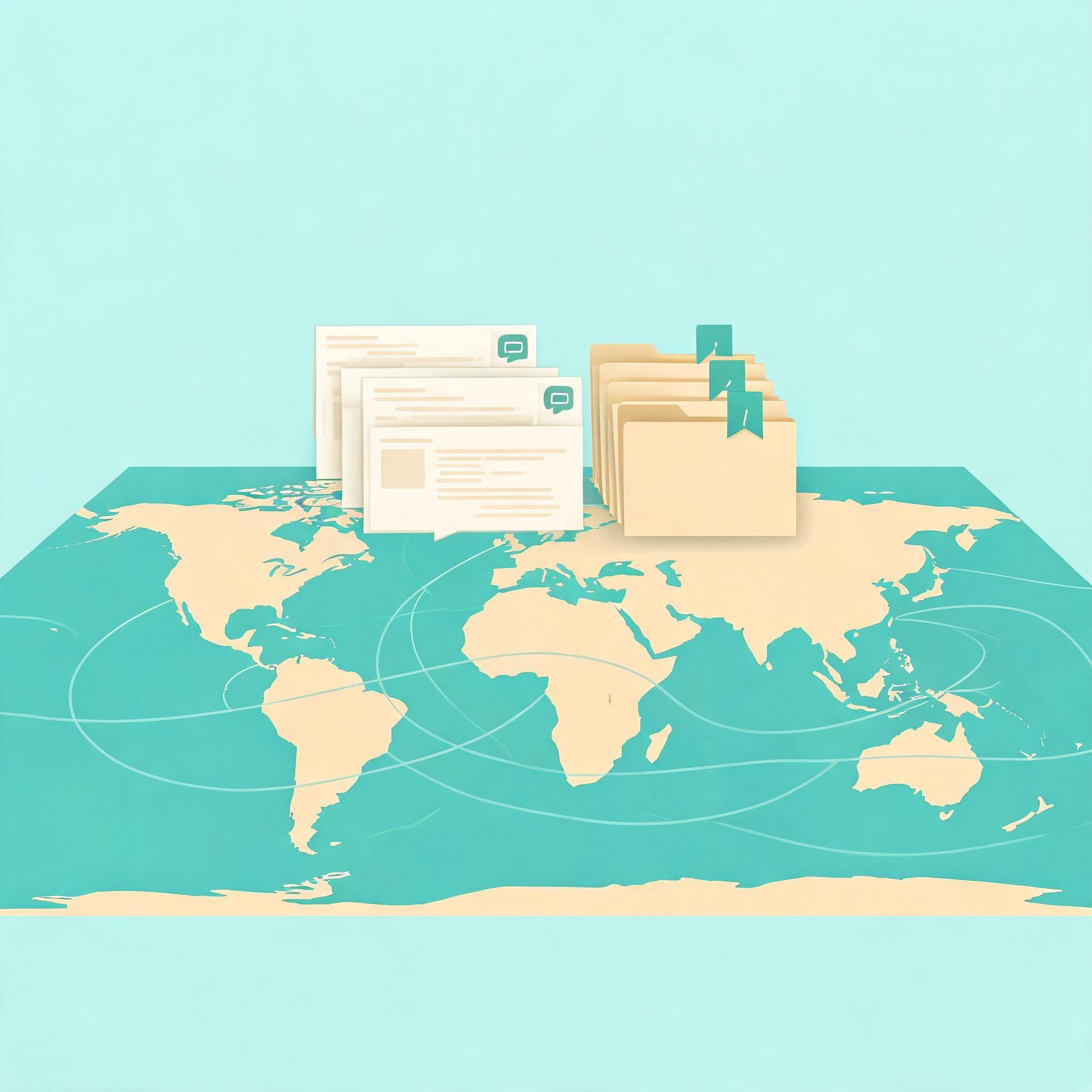 Discussion threads and archive folders above a world map