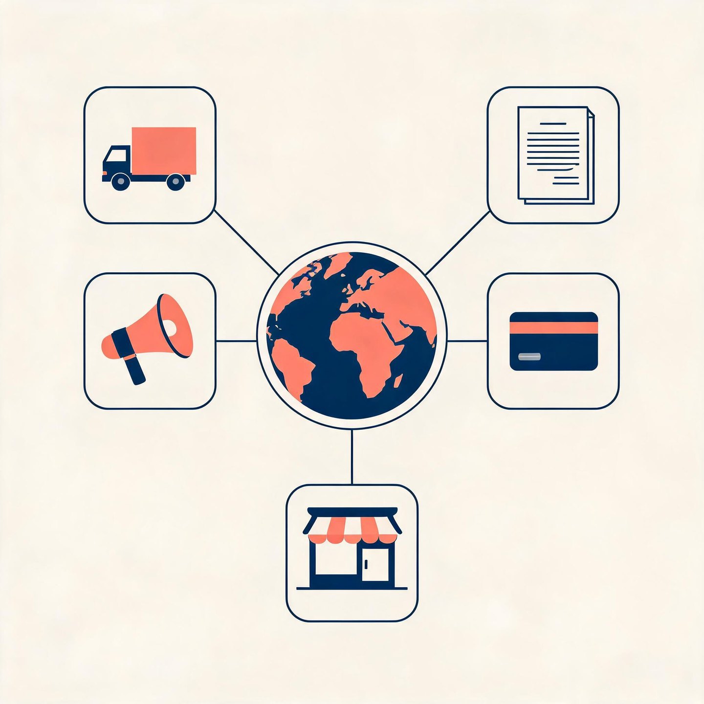 Service category icons connected to a globe