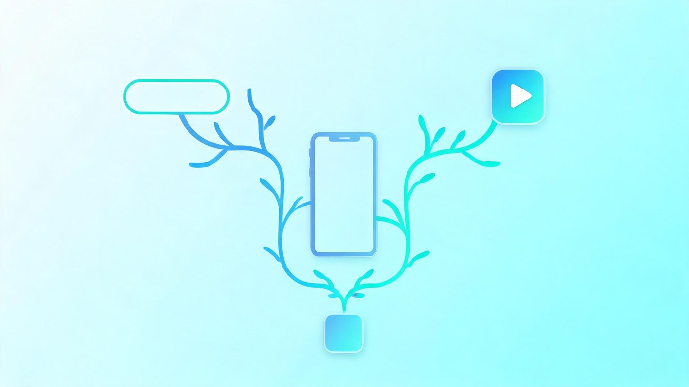 Smartphone with branching paths to app, video and search ad placements