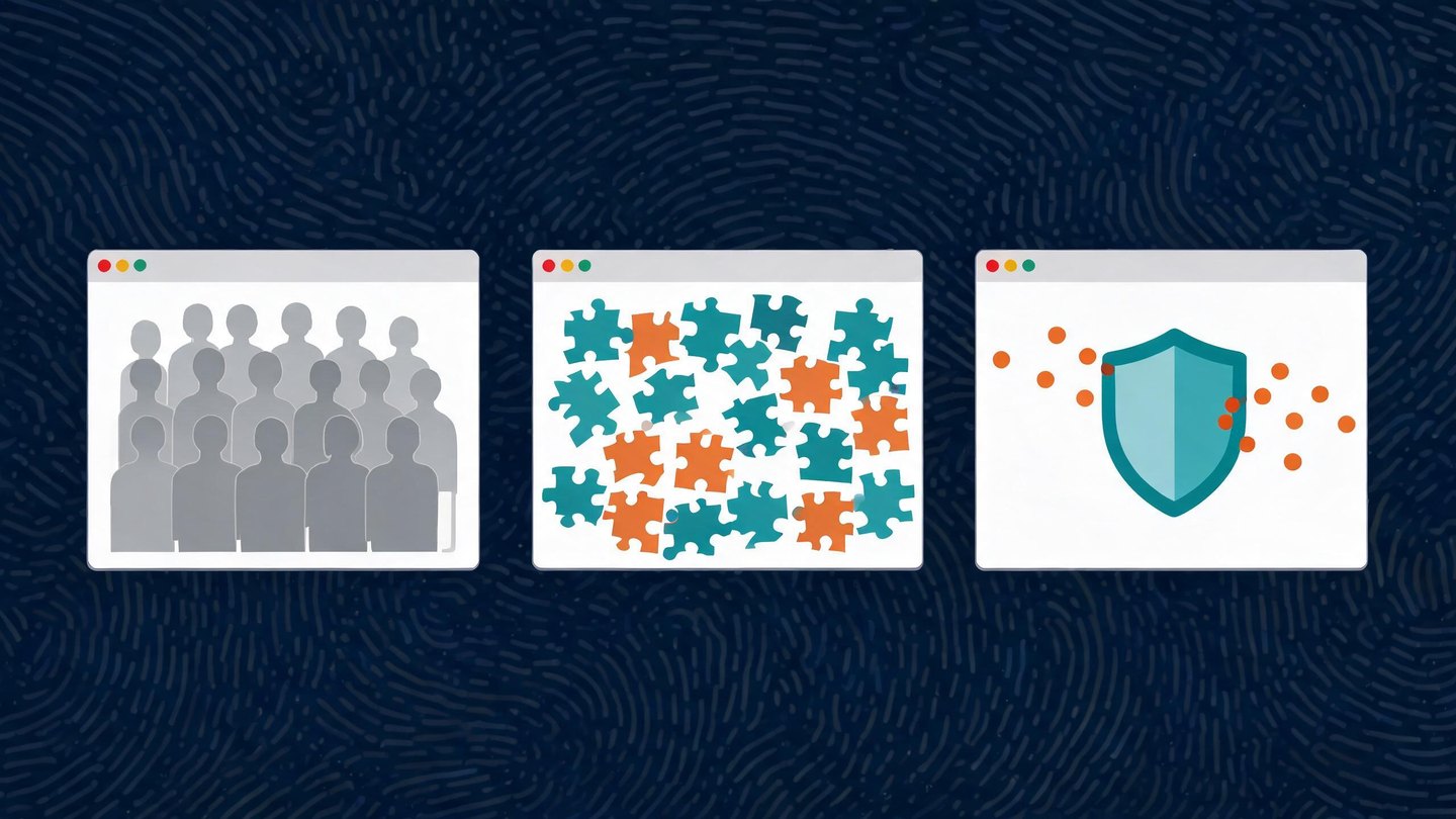 Three browser windows illustrating uniformity, randomization and blocking approaches to anti-fingerprinting