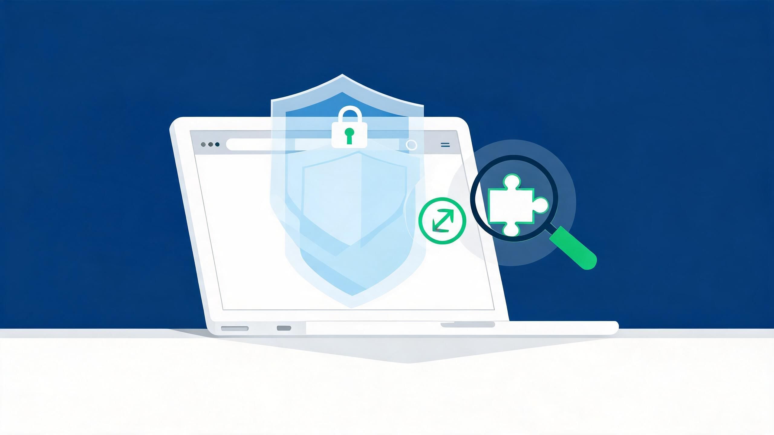 Laptop browser protected by a layered shield with an extension under inspection, illustrating browser security