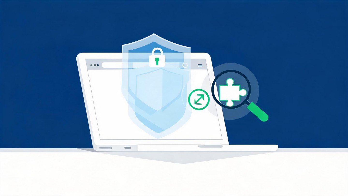 Laptop browser protected by a layered shield with an extension under inspection, illustrating browser security