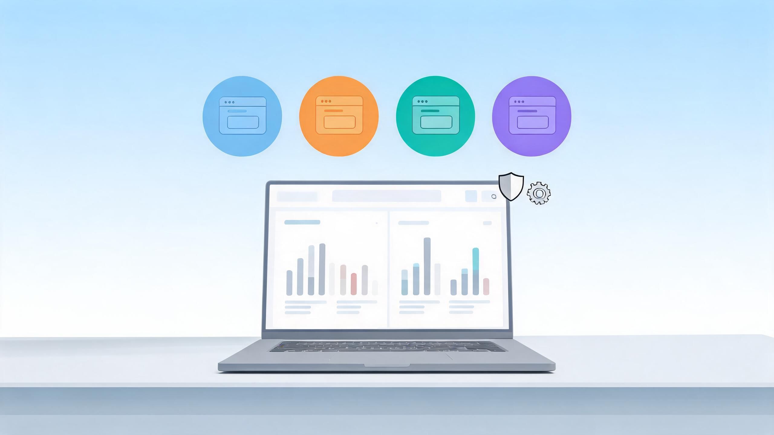 Laptop showing an ads dashboard with four browser icons, a shield and a gear