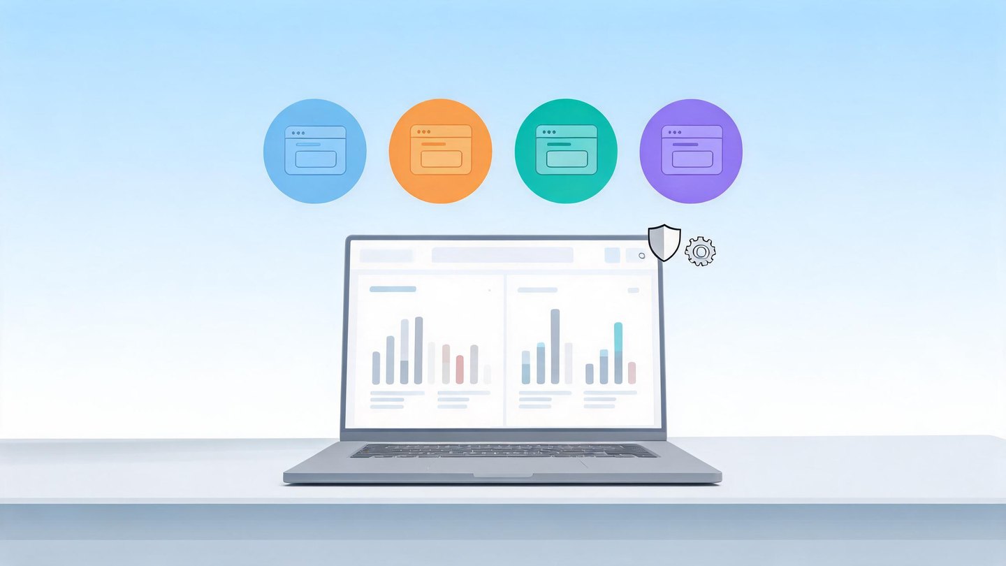 Laptop showing an ads dashboard with four browser icons, a shield and a gear