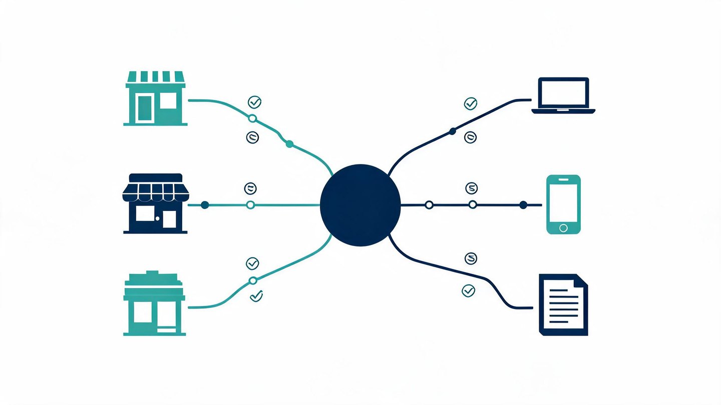 Diagram of an affiliate network hub connecting advertisers to publishers