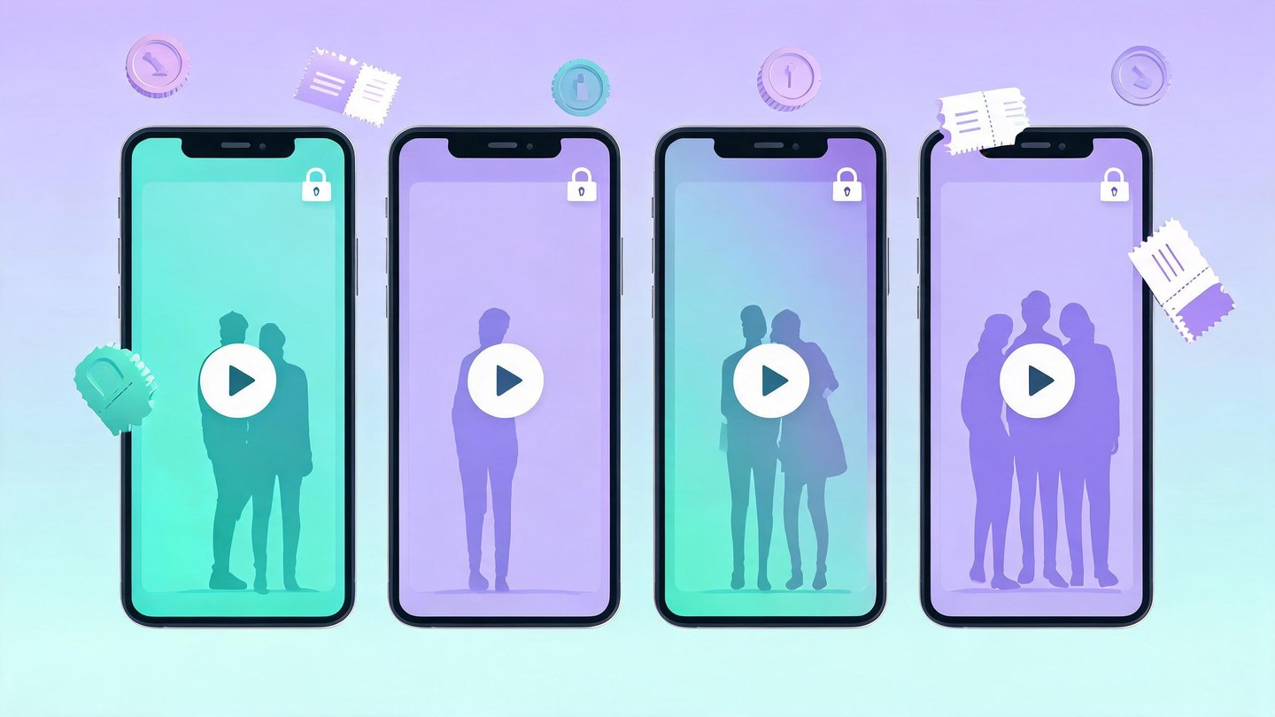 Several smartphones showing vertical short drama players with locked episodes, coins and passes