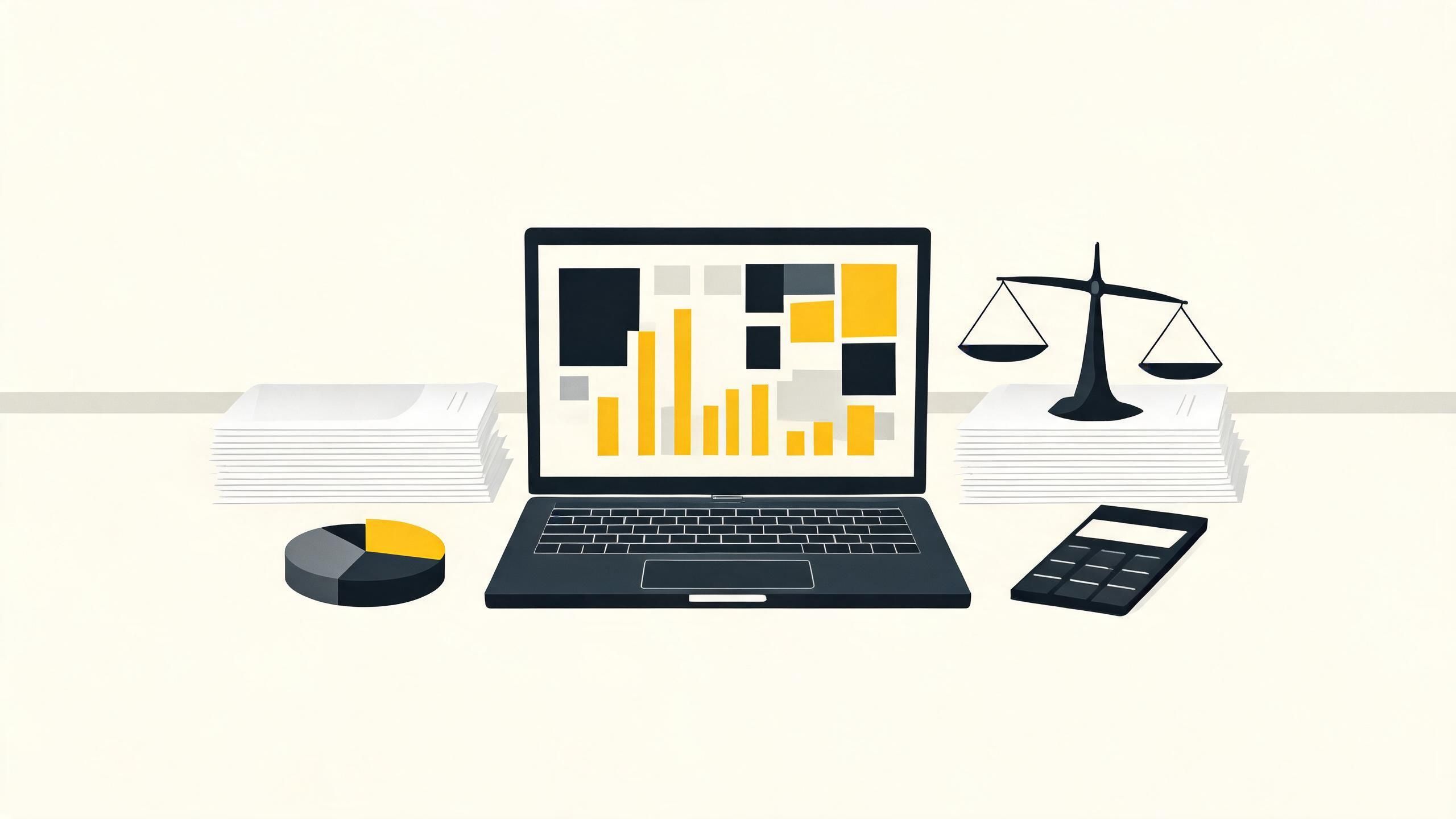Illustration of a desk with a laptop showing ad dashboards, invoices, a balance scale and a calculator, representing media buyer fee models
