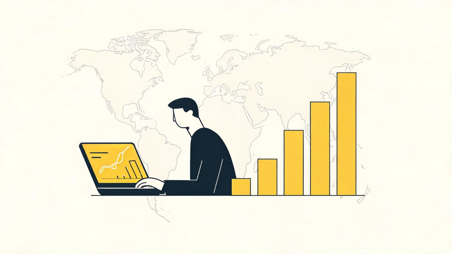 Illustration of a media buyer at a laptop beside rising bar columns and a world map, representing media buyer salaries across markets