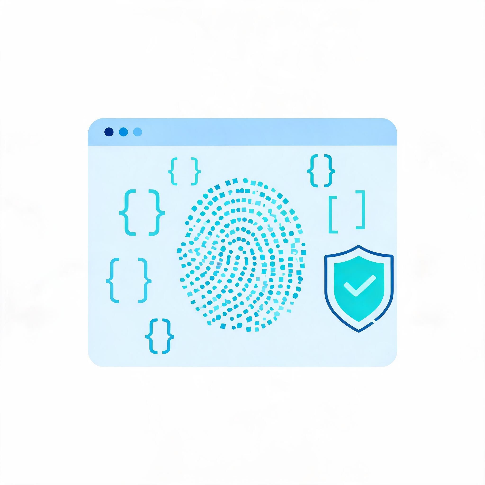 Browser window with code brackets, a data-point fingerprint and a privacy shield