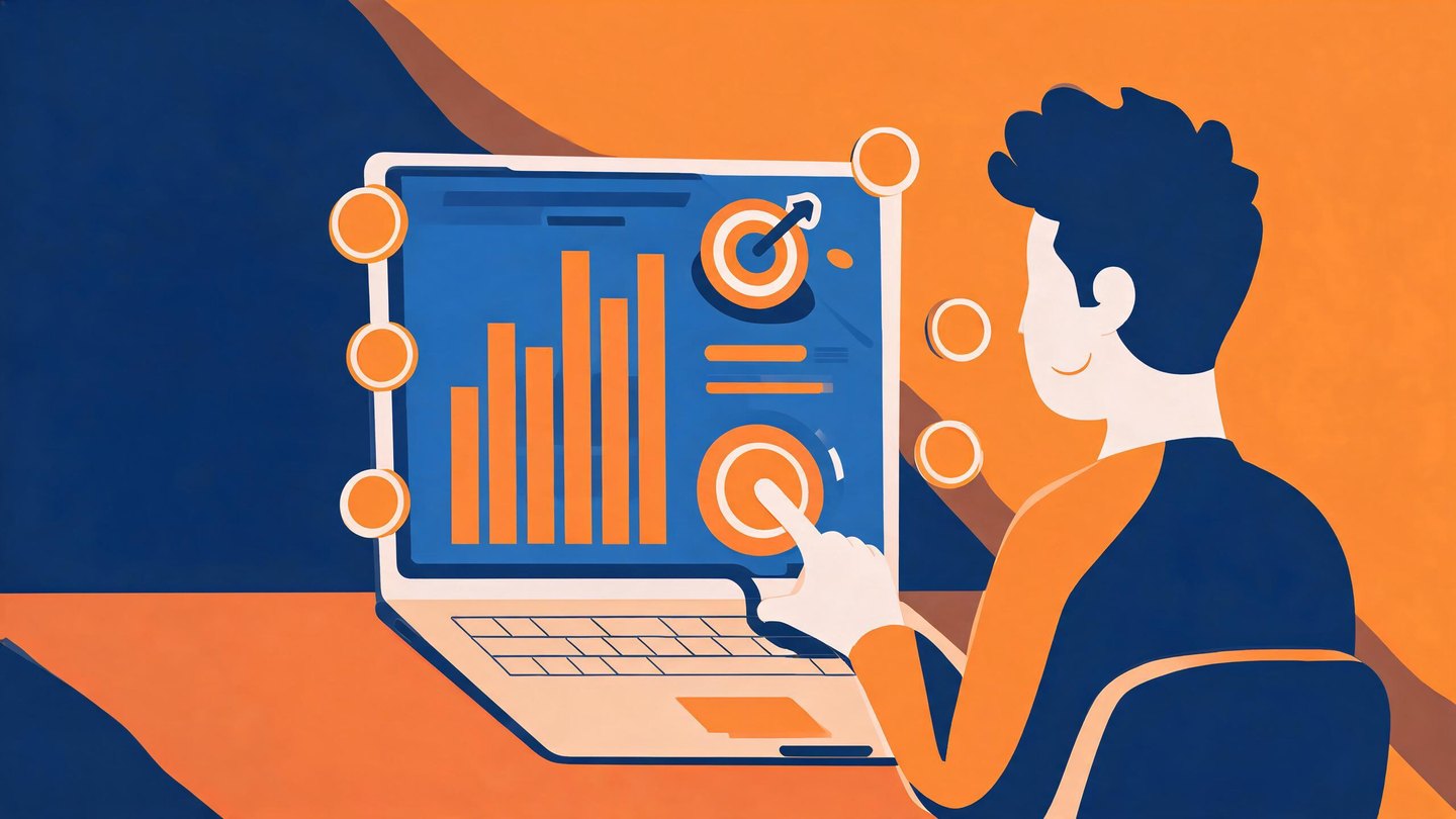 Illustration of a beginner launching a first digital ad campaign with a rising dashboard