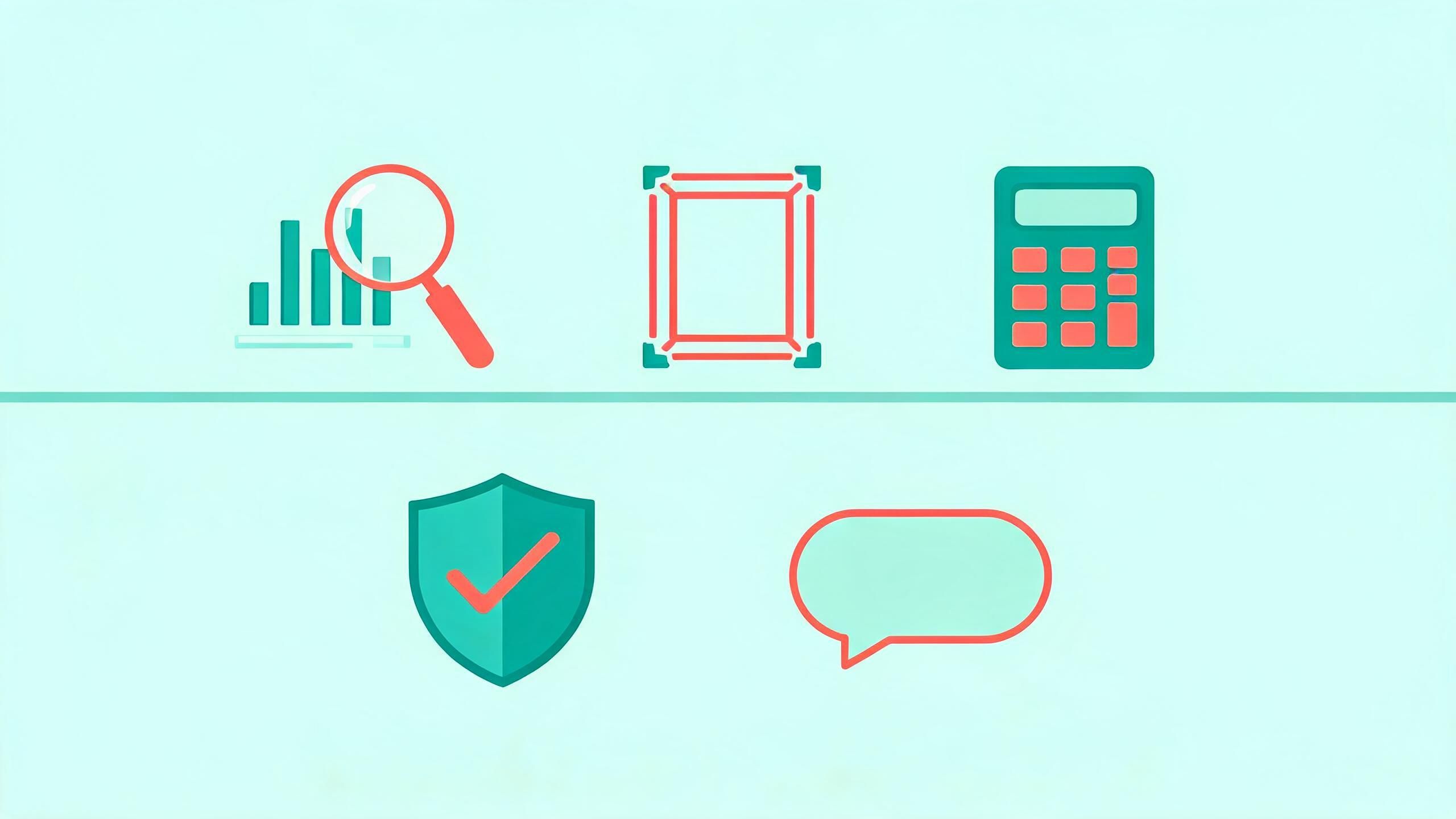 Illustration of a media buyer skill toolkit: data chart, creative frame, calculator, shield and speech bubble