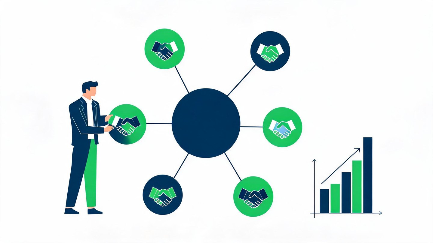 Illustration of an affiliate manager connecting a network of partner nodes to a central hub