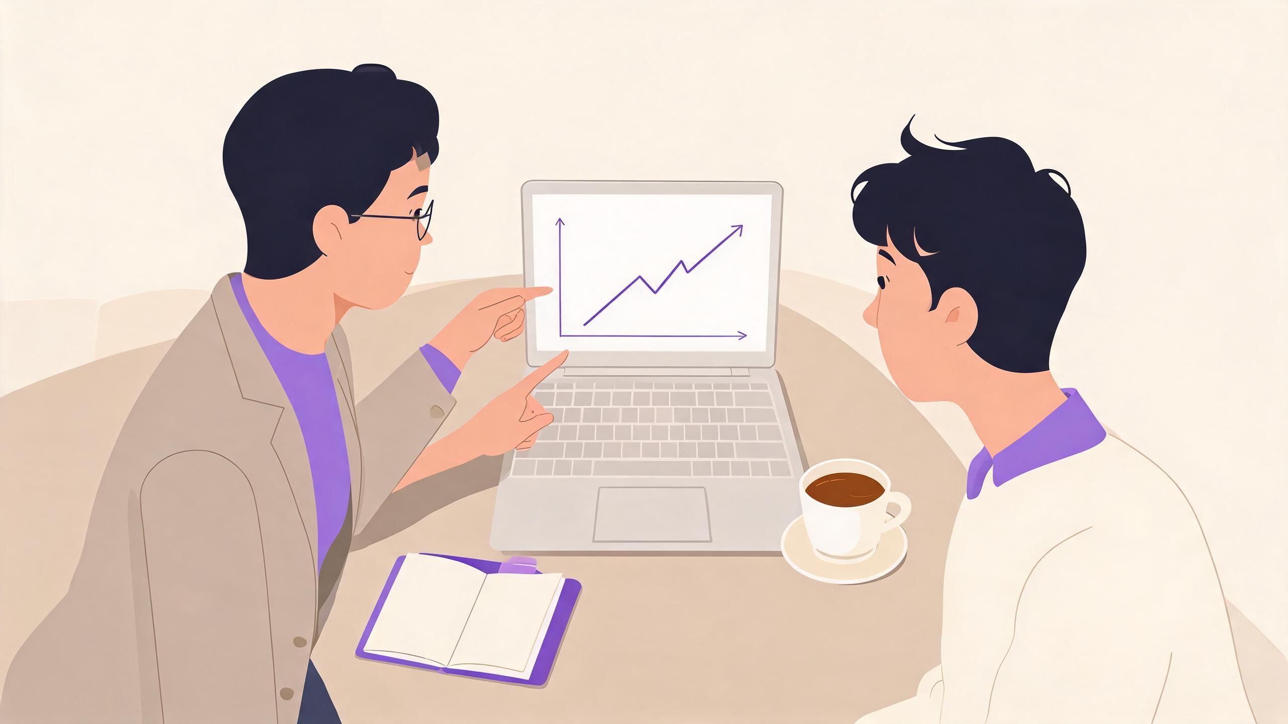 Illustration of a mentor and learner reviewing a growth chart on a laptop