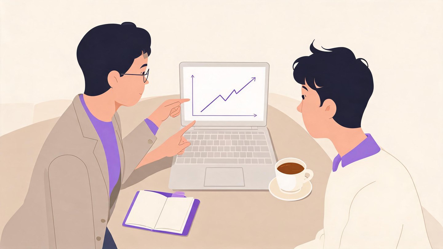 Illustration of a mentor and learner reviewing a growth chart on a laptop