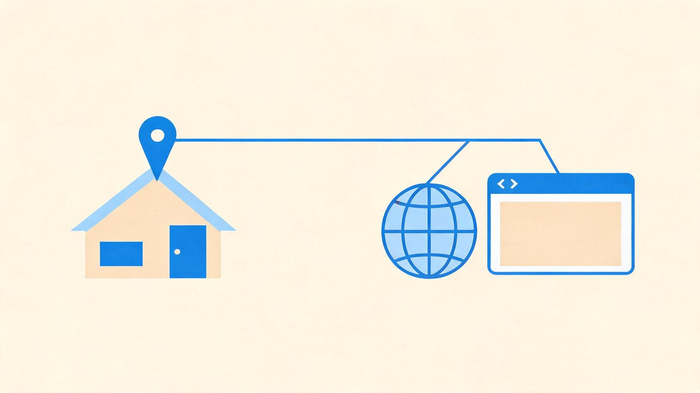 Illustration of a house icon with a fixed pin linked to a globe and a browser window
