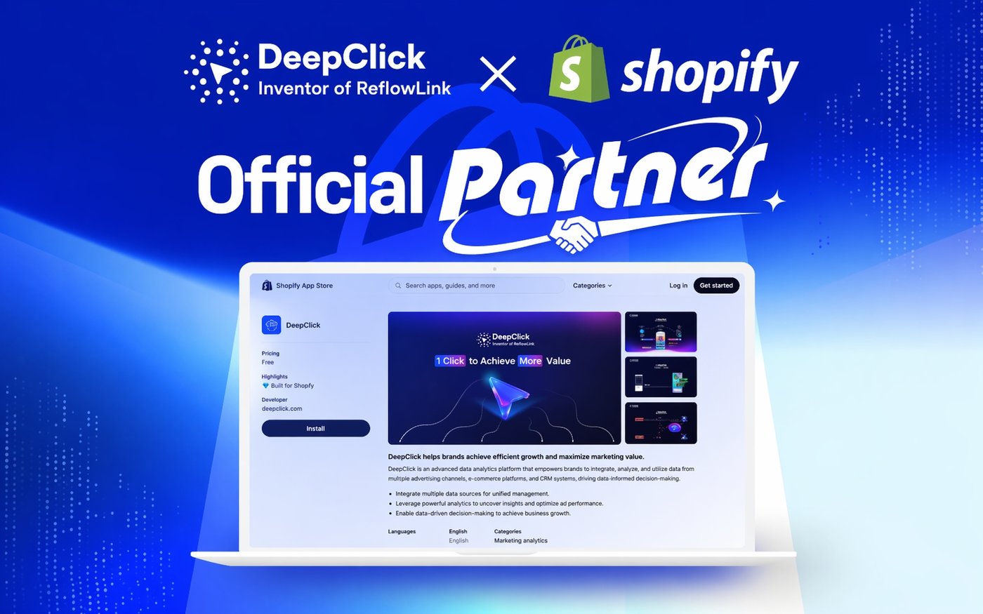 DeepClick × Shopify Official Partner announcement: Inventor of ReflowLink app now live on the Shopify App Store, Built for Shopify, free install.