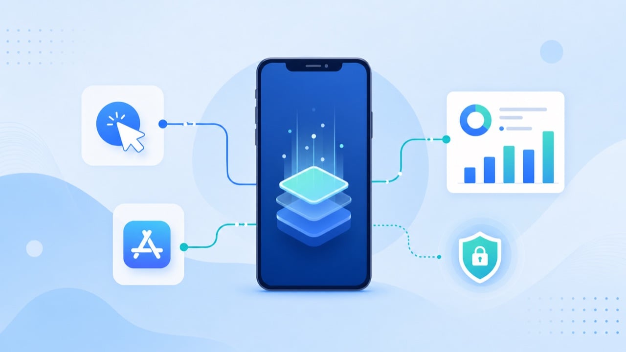 Mobile attribution SDK data flow illustration — smartphone connecting ad click, app store and analytics