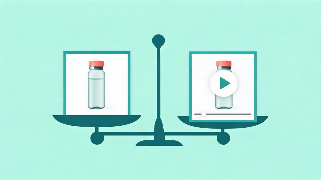 Static vs video ads performance: image ad and video ad on a balance scale