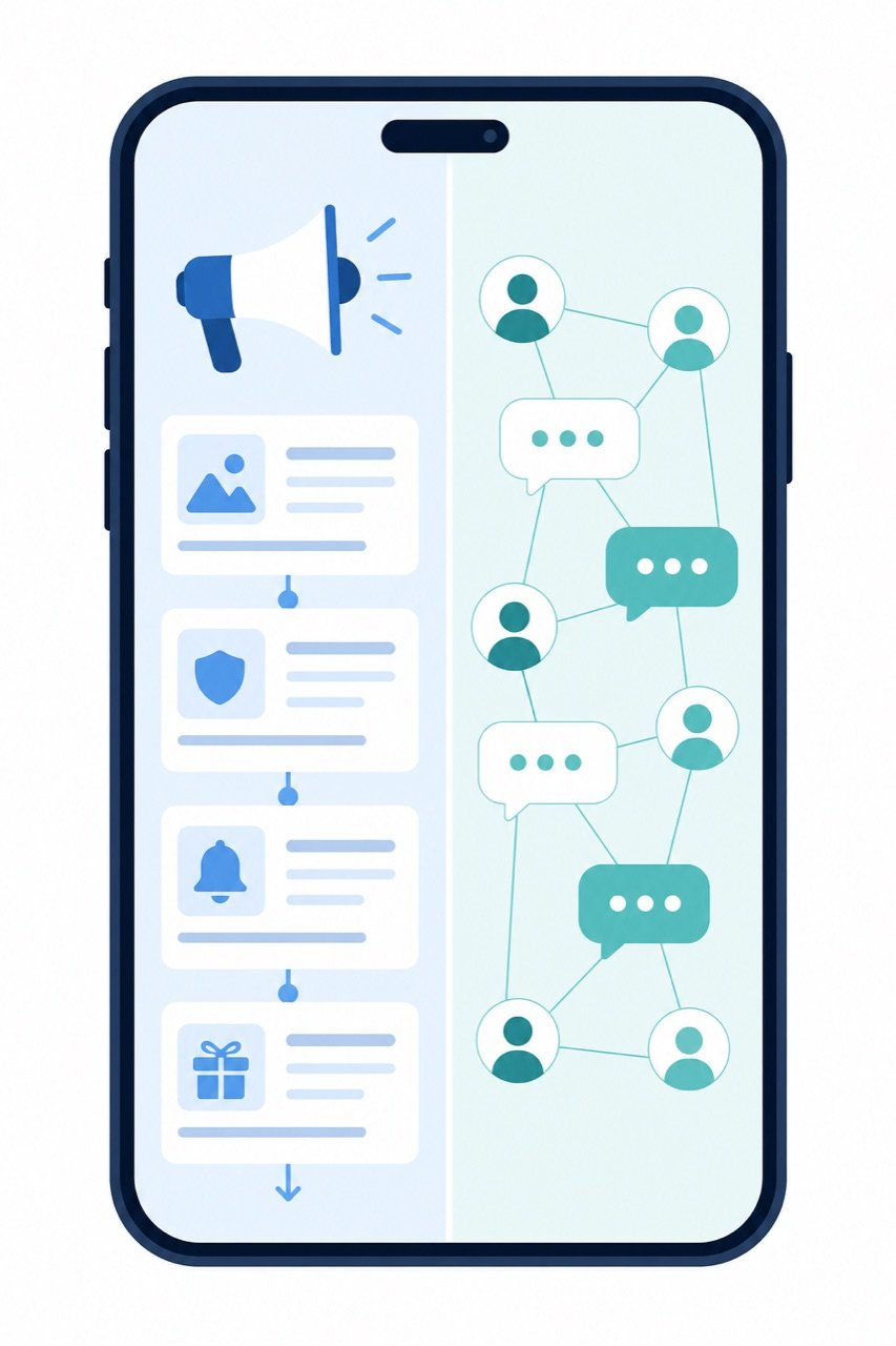 Split smartphone screen illustration comparing a Telegram channel broadcast feed with a Telegram group conversation network