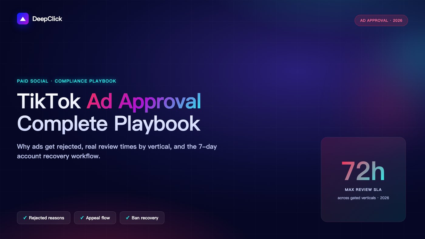 TikTok Ad Approval 完整指南 hero 封面：DeepClick 品牌深空紫蓝背景 + TikTok 红与青绿色光晕 + 72h 审核 SLA 数字 + 拒审/申诉/解封三件套标识