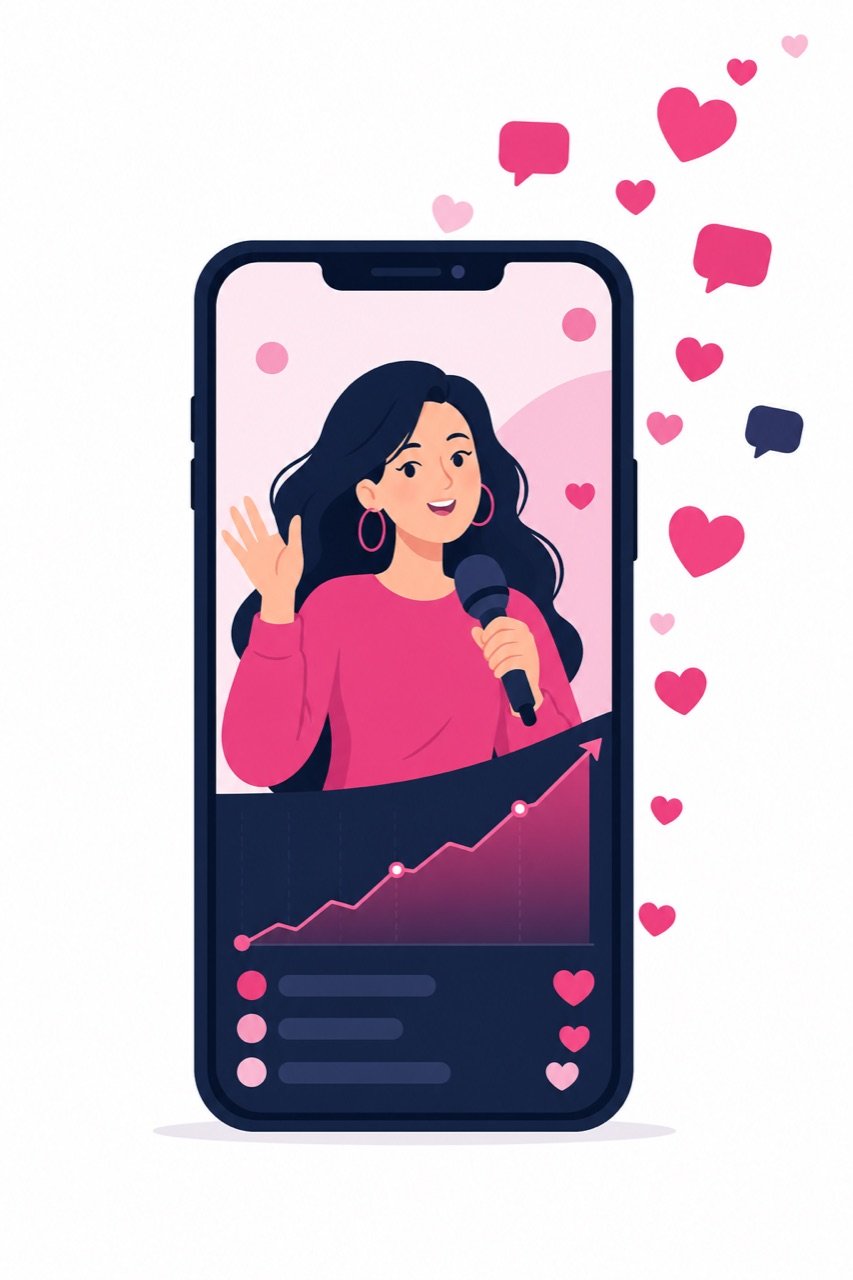 Illustration of a TikTok live stream on a phone with rising viewer count chart and floating heart and comment icons