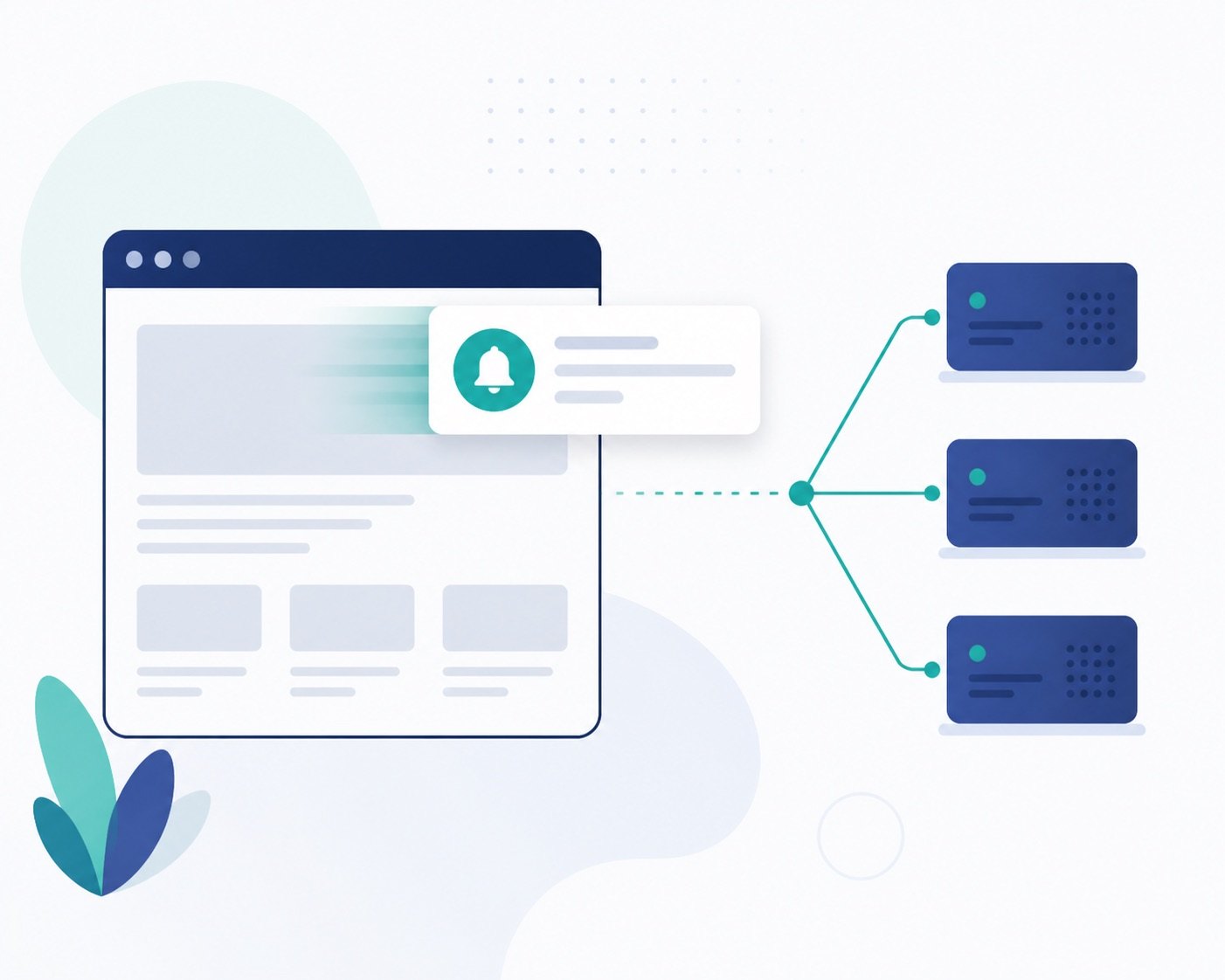 Diagram-style illustration of a web push notification service delivering a notification from server to browser